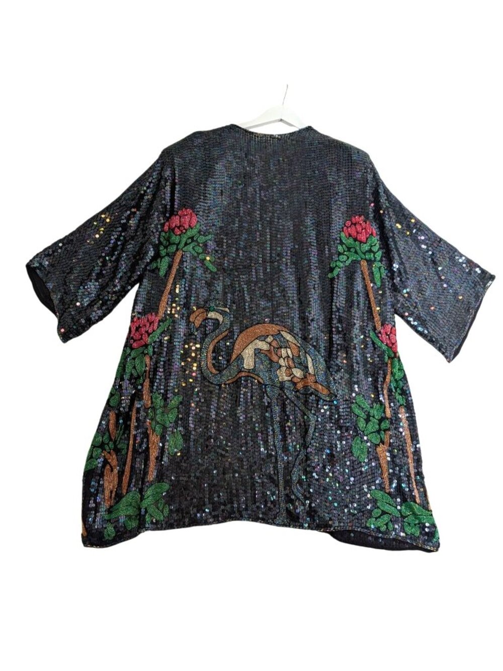 Vintage Black Sequin Kimono Floral & Flamingo Beaded Embroidery Open Front One S
